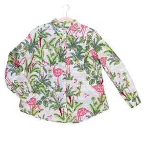 Charter Club Petite Linen Flamingo Tropical Button Down Shirt Pink Green PL